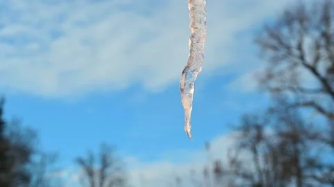Drops of melt water run down an icicle against the sky. Stock Footage 149883234