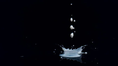 Drops of milk on black surface against black background. Slow Motion. Stock Footage 128769618