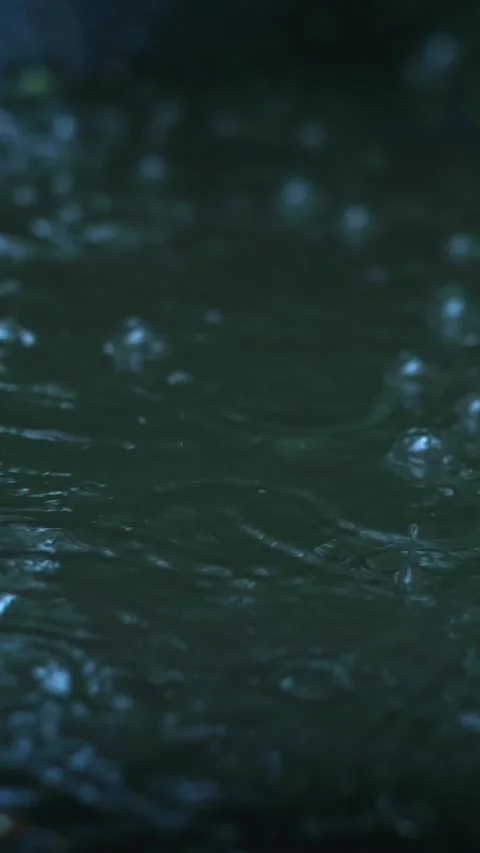 Drops of rain fall into a puddle, heavy street rain, advertising tires that prov Stock Footage 277643088