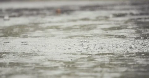 Drops of rain water fall down onto paved road. Stock Footage 284428239