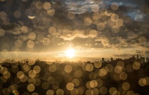 Drops of rain on window after a storm. Water drops on the glass after rain. Stock Photos