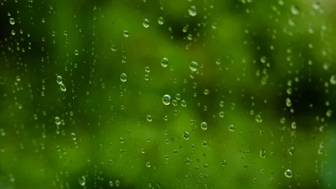 Drops of rain on a window pane close-up. Rain water flows down the glass on a Stock Footage 118648017