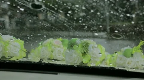 Drops Of Rain On Windshield of Wedding Car Video stock 52339209