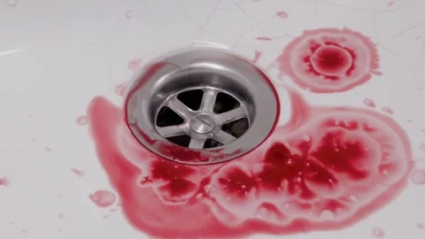 Drops Of Red Blood Falling Into White Sink And Washing Away With Water Stock Footage 330269725