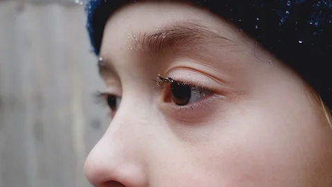 Drops from sleet on eyelashes and eyebrows of little girl. Video stock 104663086