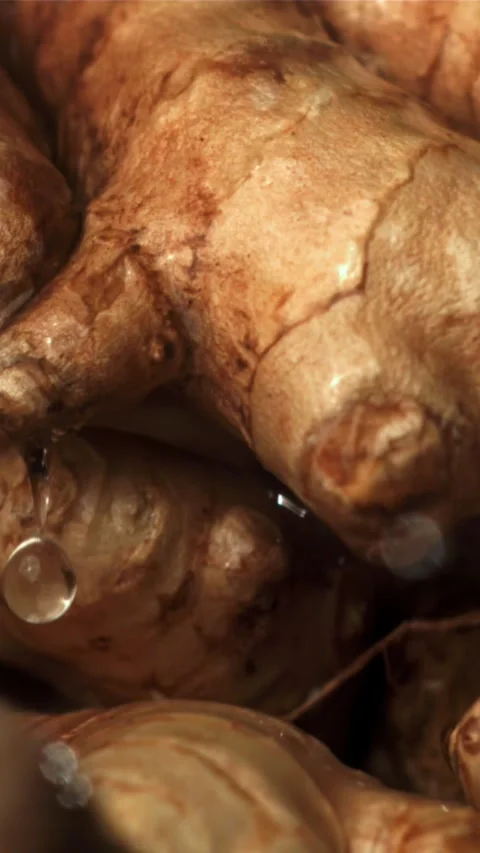 Drops of water fall on fresh ginger. Filmed on a high-speed camera at 1000 fps Stock Footage 335311945
