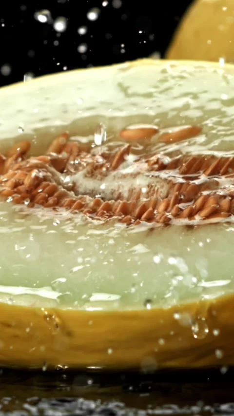 Drops of water fall on a fresh melon. Filmed on a high-speed camera at 1000 fps Stock Footage 335375935