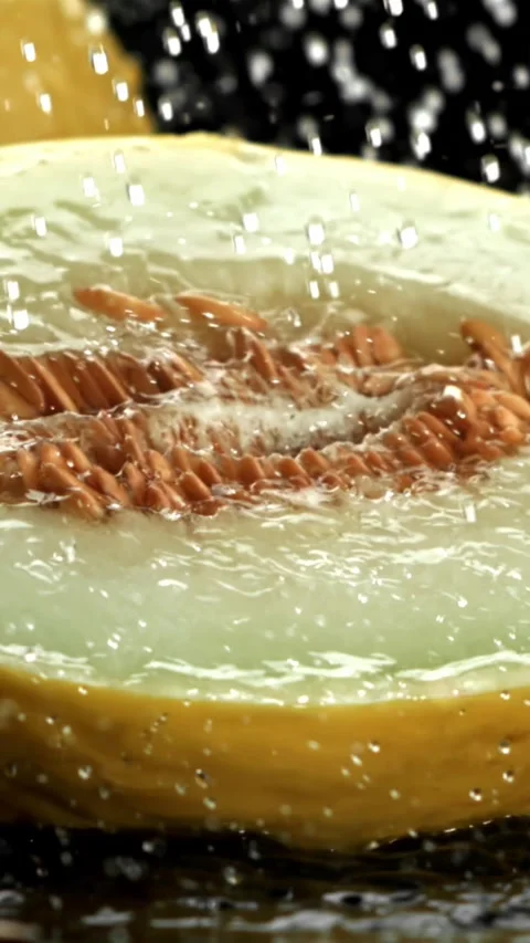 Drops of water fall on a fresh melon. Filmed on a high-speed camera at 1000 fps Stock Footage 335376896