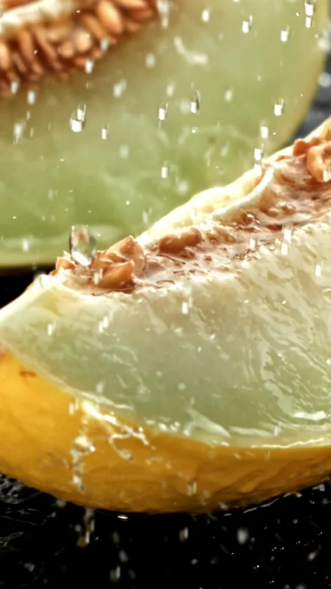 Drops of water fall on a fresh melon. Filmed on a high-speed camera at 1000 fps Stock Footage 335381023