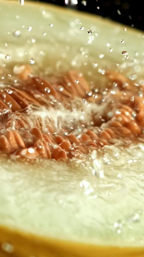 Drops of water fall on a fresh melon. Filmed on a high-speed camera at 1000 fps Stock Footage 335384364