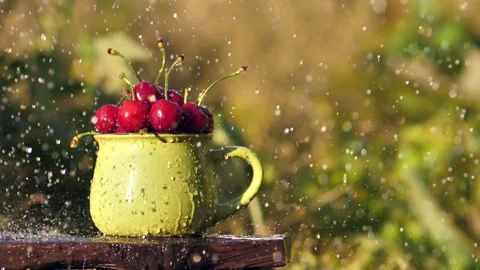 Drops of water fall on the red berries of ripe cherries in a mug in the garden Stock Footage 198399702