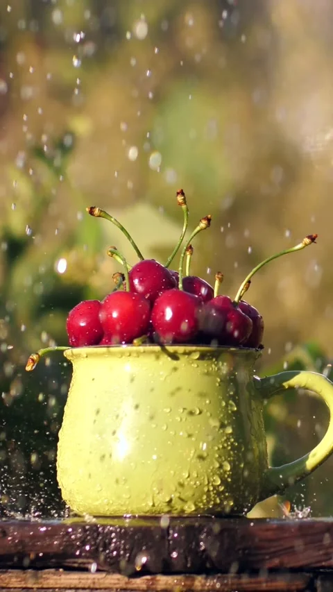 Drops of water fall on the red berries of ripe cherries in a mug in the garden Stock Footage 218261887