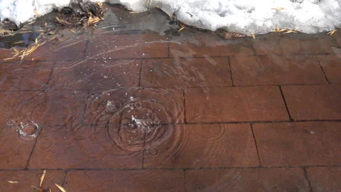 Drops of water fall in slow motion into a snowy puddle. Stock Footage 170554460
