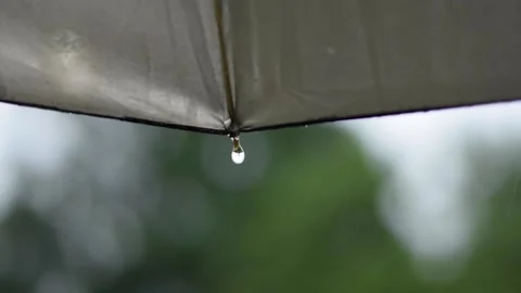 Drops of water flow down from the surface of the gray umbrella. Stock Footage 158826627