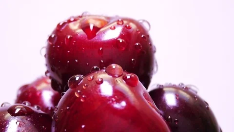 Drops of Water on Fresh Cherry Berries Stock Footage