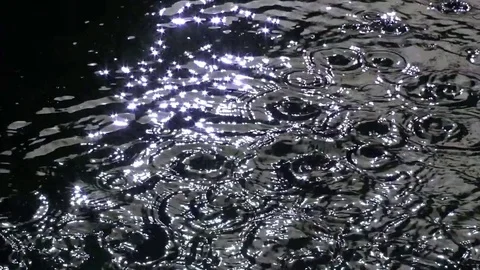 Drops of water on glittering lake surface Stockbeeldmateriaal 76762039