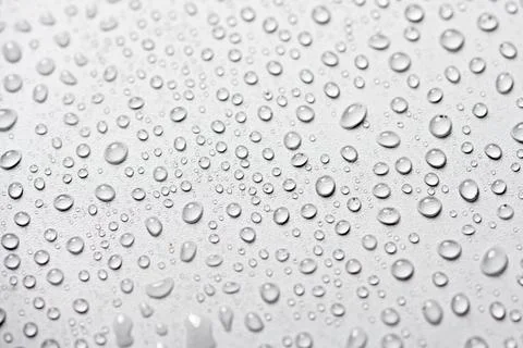 Drops of water on a gray background. Macro view of water droplets, clear liqu 库存照片