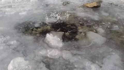 Drops of water from melting icicles drip into a puddle in slow motion Stock Footage 269828808