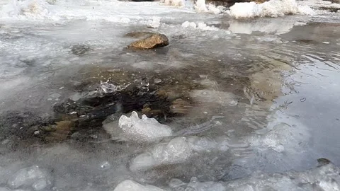 Drops of water from melting icicles drip into a puddle in slow motion. melting Stock Footage 272311255