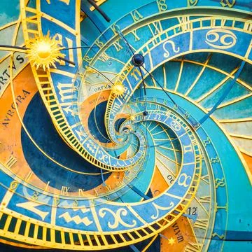 Droste effect background based on Prague astronomical clock. Abstract design  Stock Photos
