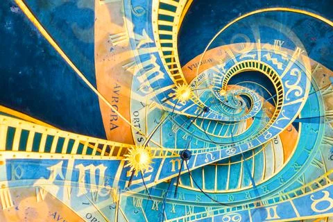Droste effect background based on Prague astronomical clock. Abstract design  Stock Photos