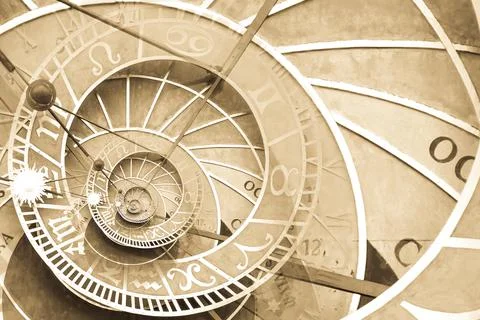 Droste effect background based on Prague astronomical clock. Abstract design  Foto stock