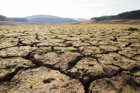 The drought bottom of the an empty dam in Bulgaria. Hot weather and climate 스톡 사진