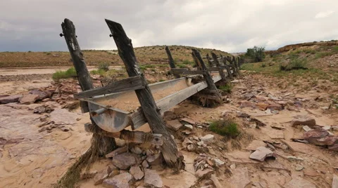 Drought By Global Warming And Climate Change Dry Cattle Trough Wide Shot Stock Footage 53012279