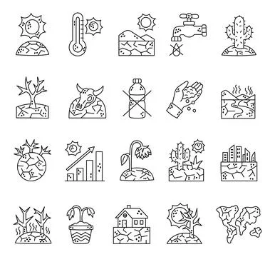 Drought heat set featuring sun thermometer Stock Illustration