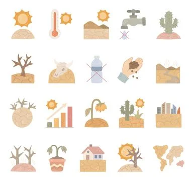 Drought heat set featuring sun thermometer Ilustración de archivo