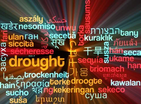 Drought multilanguage wordcloud background concept glowing Stock Illustration
