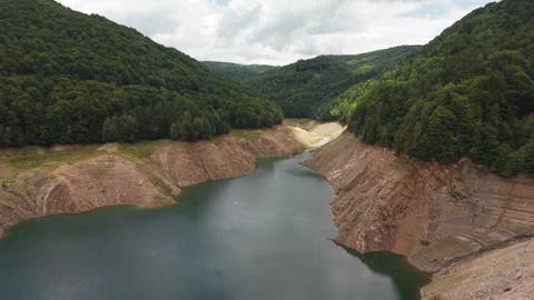 Drought Reveals Low Water Levels at Vidraru Lake Stock Footage 342113643