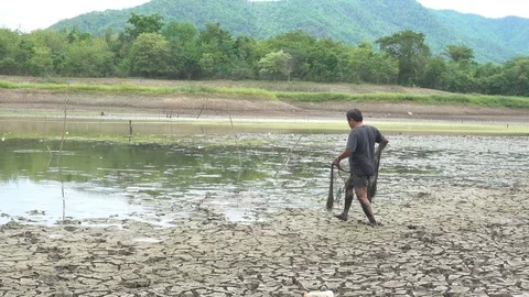 Drought in Thailand makes it difficult to catch fish. Stock Footage