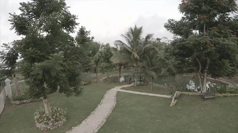 Drove view around garden compound including pond Stock Footage 62526593