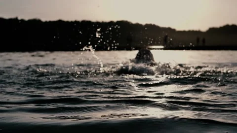 A drowning boy at sunset on a lake Stock Footage 133424411