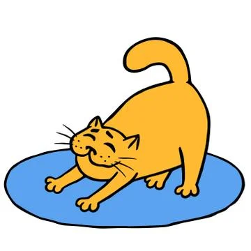 Drowsy cute orange cat does morning exercises on rug. Vector illustration Stock Illustration