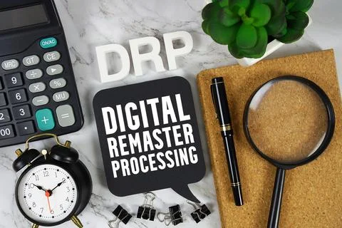 DRP Digital Remaster Processing text with Calculator, alarm clock and magni.. Foto stock