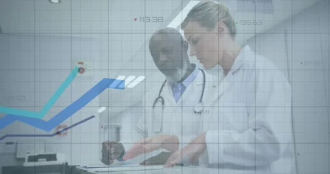 Drs checking records for care flipping file pointing causing data graphs rising Stock Footage 334034023