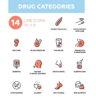 Drug categories - Modern simple thin line design icons, pictograms set Stock Illustration