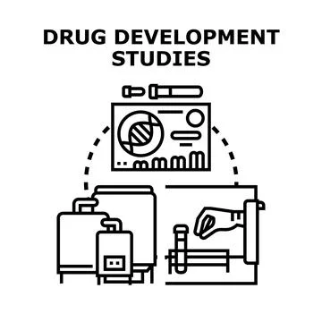 Drug development studies process exploring scientific research Stock Illustration