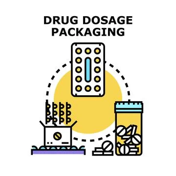 Drug dosage packaging process concept flat line icon Stock Illustration