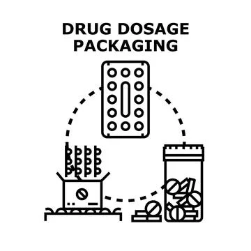 Drug dosage packaging process concept flat line icon Stock Illustration