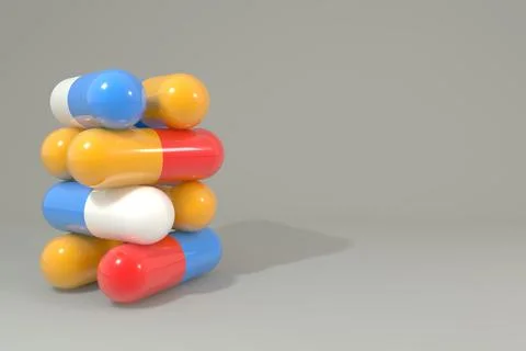 Drug-embedded colorful capsule shells 3D render Illustrazione stock