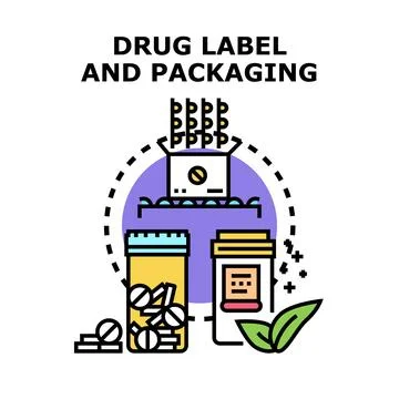 Drug label packaging process manufacturing concept Stock Illustration