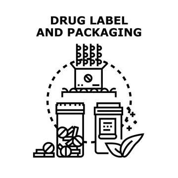 Drug label packaging process manufacturing concept Stock Illustration