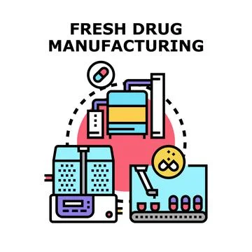 Drug manufacturing process creating pharmaceutical products Stock Illustration