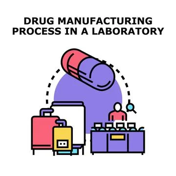 Drug manufacturing process in laboratory producing pharmaceutical products Stock Illustration