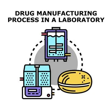 Drug manufacturing process in a laboratory science concept Stock Illustration