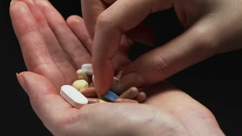 Drug over dose Concept Many Pills. Macro Of Hand Holding Several Pill Healthcare 스톡 동영상 336586283