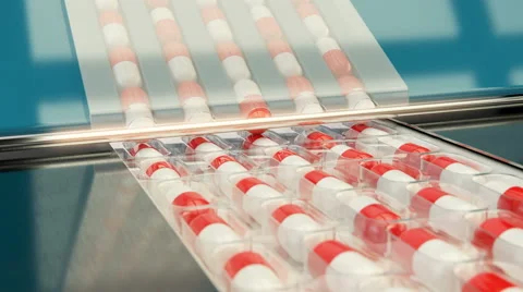 Drug Production. Pharmaceutical machinery for medicine production Pills Stock Footage